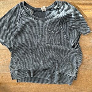 Free People Dark Gray Waffle Knit Short Sleeve Tee